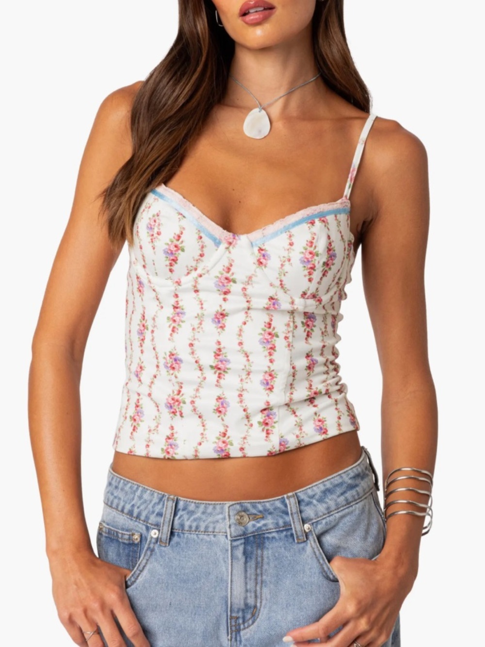EDIKTED Indira Floral Lace-Up Corset Camisole Tank Top S